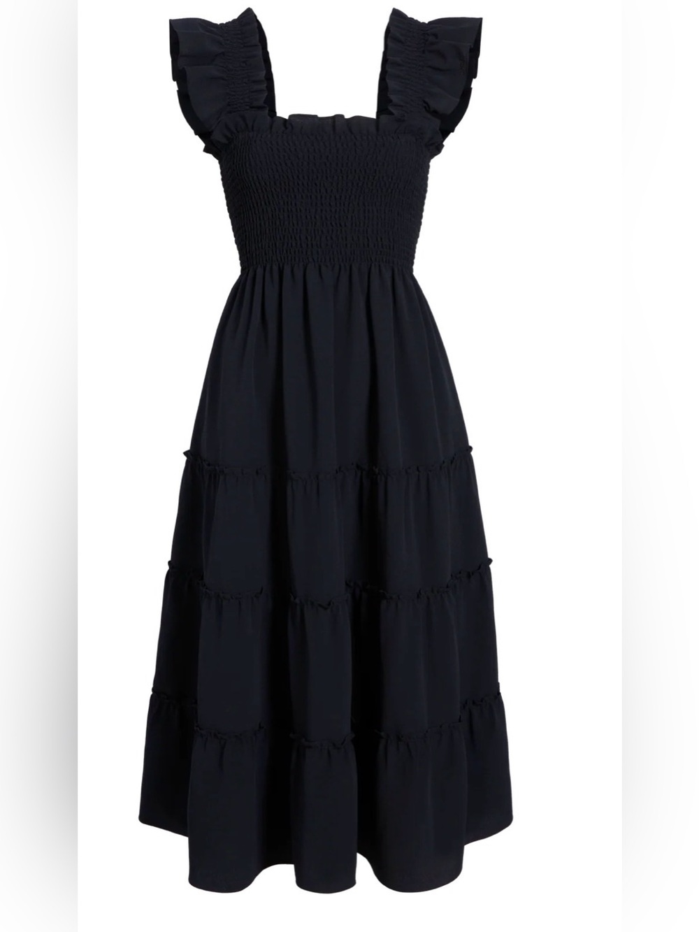 Hill House Ellie Nap Dress Black Smocked XXL Tiered Midi Crepe Wrinkle Free